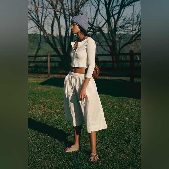 Free People Perfect Tones Set with Midi Skirt and Button Up Cardigan in Ivory - Picture 4 of 12